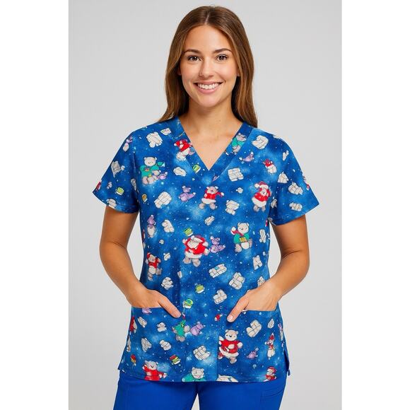 Uniform Advantage Festive Winter Polar Bear Dentist Tooth Brush Scrub Top Small - Picture 1 of 12